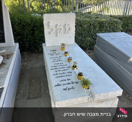 מצבה עם כיתוב בעברית וצמחים קטנים על הקבר